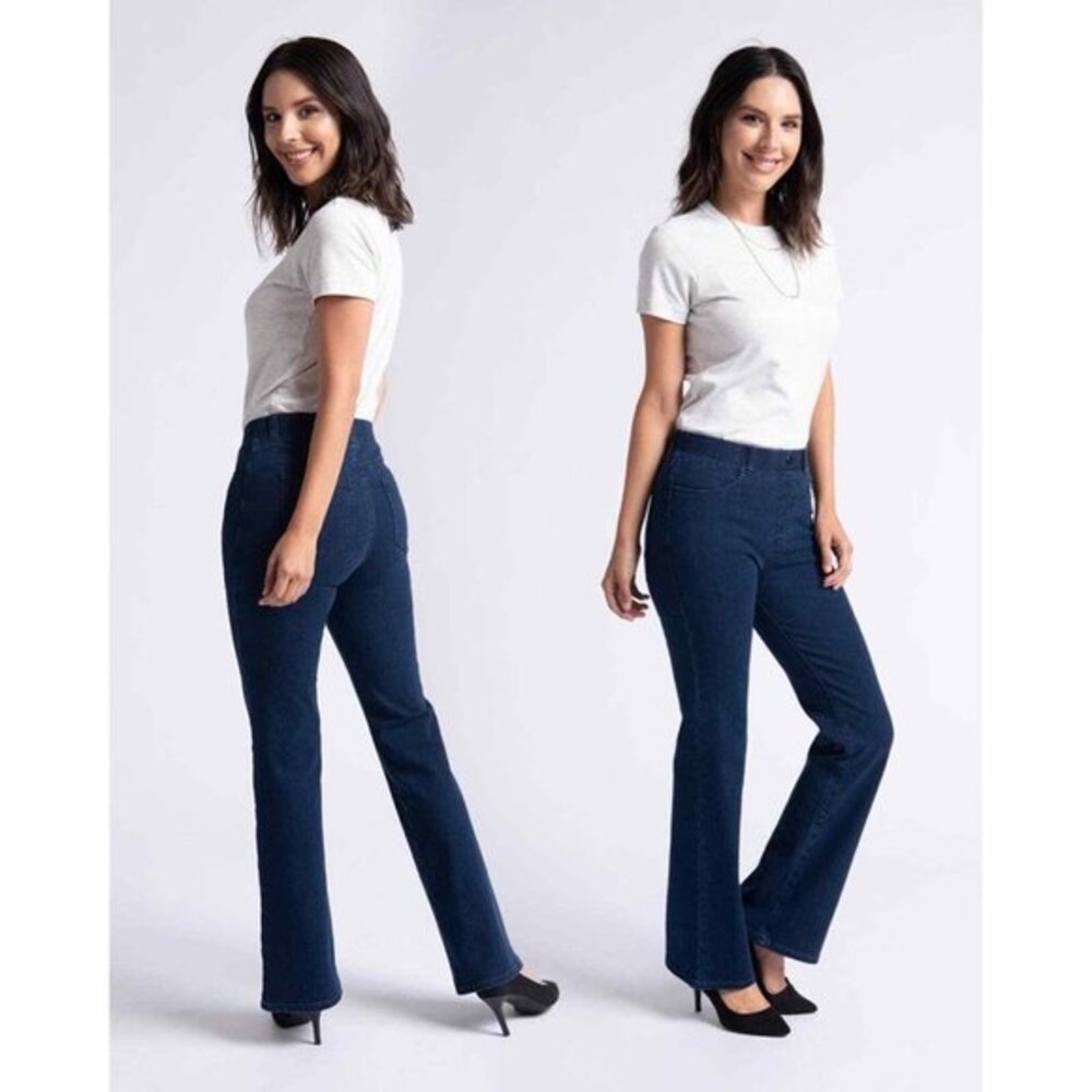 Betabrand Boot-Cut Yoga Denim Jeans Stretch Cotton Flat Front Blue Women MP NWOT